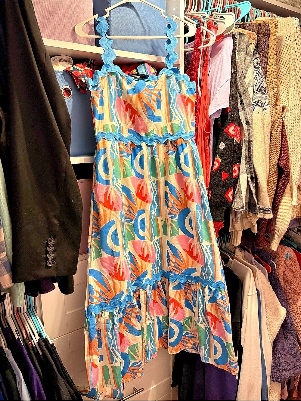 Flying Tomato Women's Geometric Midi Dress Blue & Orange Large